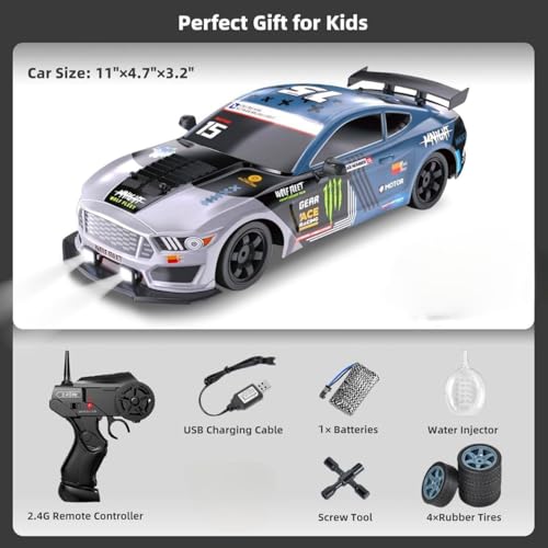 Image of RC Drift Car, Drifting RC Car 1 /16 2.4GHz 4WD Remote Control Cars, Rechargeable Drifting Cars 18KM /H+ High Speed RC Racing Vehicle with Spray Cool Lights Toy Car (RC Drift & Spray Car-Grey)