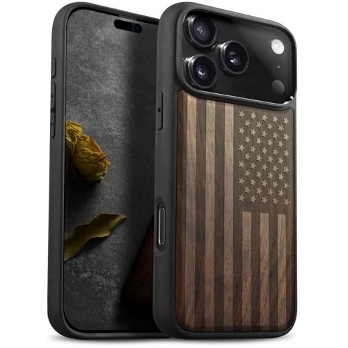 Carveit Magnetic Wooden Case for iPhone 17 Pro Case, Wood Artisan Engraved & Black Soft TPU Shockproof Cover, Compatible with MagSafe Wireless Chargers (The Classic American Flag) Walnut