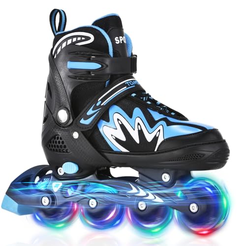TOMSHOO Inline Skates for Kids Adjustable Roller Skates Boys and Girls with 4 Illuminating Pu Wheels Outdoors Indoors Roller Skates for Boy Girl Beginners (Blue, Large - Youth (3.5Y-6Y)