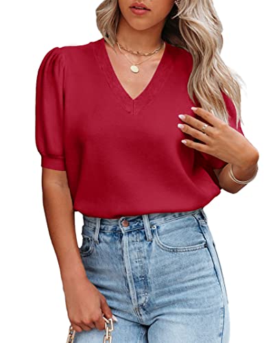 Image of Womens V-Neck Puff Short Sleeve Casual Sweaters Lightweight Comfortable Knit Pullover