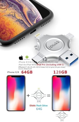 Image of iDiskk 64GB MFi 4-in-1 Photo Stick for iPhone iPad Android Mac Windows | 4-in-1 Lightning /USB-C /USB-A /Micro USB Flash Drive, MFi Certified, USB 3.0 High Speed, Free iDiskk App for phone /iPad