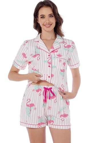 Image of LUBOT 100% Cotton Pajamas for Women 2 Piece PJ Set Button-Down Soft Knit Short Sleeve Summer Sleepwear Loungewear XS-XXL