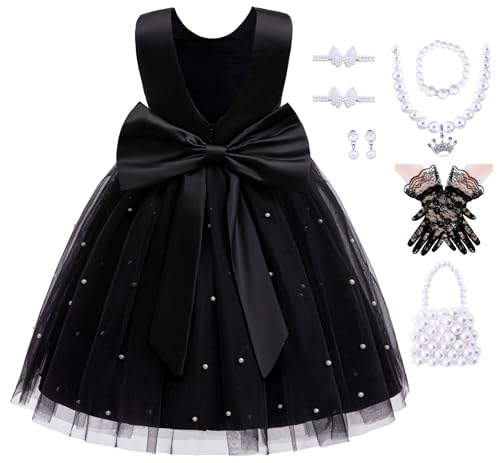 Akokvlar Girl V-Back Satin Flower Communion Dress Formal Birthday Party Wedding Prom Ball Gown (4-5T, Black)