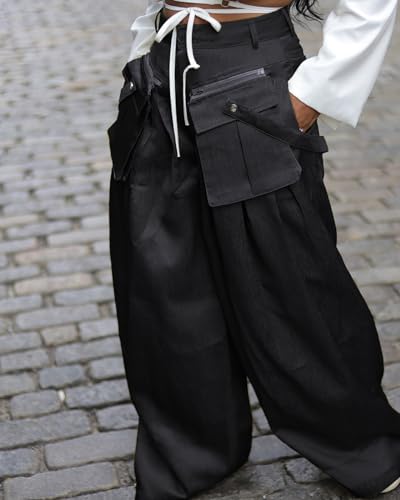 LKOUS Women's High Waist Casual Wide Leg Satin Cargo Pants, Loose Dress Pants for Women, Lounge Pants with Pockets3