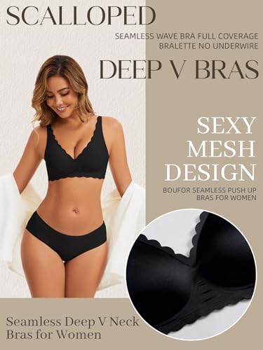 Image of Seamless Wavy Bra Wireless Jelly Bralette Low Cut Deep V Neck Bras | Adjustable Straps, Sexy Plunge Bra, Removable Pads, High Elastic Fabric, Scalloped Edges, Deep V Bras for Women No Underwire