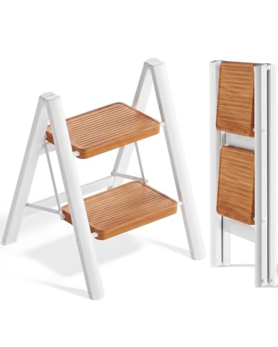 Image of SOLADDER 2 Step Ladder, Lightweight Folding Step Stool, White+Woodgrain