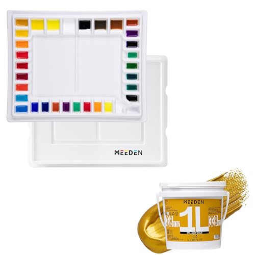 MEEDEN Ceramic Watercolor Palette and Metallic Gold Acrylic Paint 1L