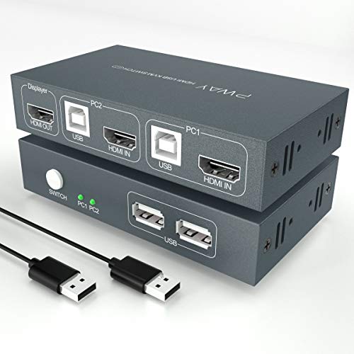 GHT KVM Switch HDMI USB 2 Puertos 4K, 4K @ 30Hz, Conmutador KVM,2 Monitores 1 PC, 2 En 1 out,Ultra HD, Soporte Teclado y Ratn Inalmbrico, con Cable