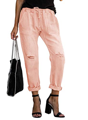GOSOPIN Women Drawstring Elastic Waistband Loose Pants Distressed Denim Jeans Large Pink
