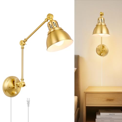 Image of 1 Pack Plug in Wall Sconce, Dimmable On Off Switch, Swing Arm Wall Lamp, Gold Metal Industrial, Plug in Wall Light (Gold, Without Bulb+Remote)