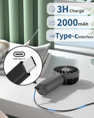 Image of TEKCOOL Portable Mini Fan - Rechargeable Hand Fan with 3 Adjustable Speeds, 2000mAh Battery, Lightweight Design, Low Noise, and Easy Portability for Indoor and Outdoor Use (Grey)
