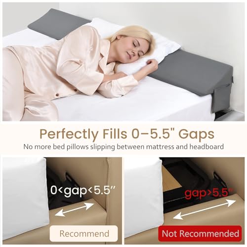 Image of Vekkia Queen Bed Wedge Pillow for Headboard Gap Filler (0-5.5 inch), Prevents Pillows & Items from Falling, High-Density Foam Mattress Gap Filler with Pockets, Removable Cover, Gray, 60 inchx10 inchx6.5 inch
