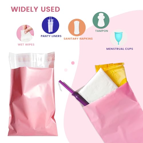 Image of Disposable Sanitary Bags, 100 Pcs, Pink, Self-sealing, Odor-proof, Rectangular, Plastic, 10 inch x 6 inch Bags for Feminine Hygiene, Personal Waste, or Pet Waste