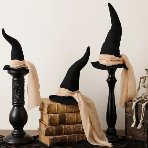 Sfcddtlg 3 Pcs Halloween Witch Hat Table Centerpieces 3 Size Fabric Witch Hat Table Decorations with Gauze Ribbon Black Vintage Witchy Hats Decor for Halloween Home Mantle Shelf Party Supplies