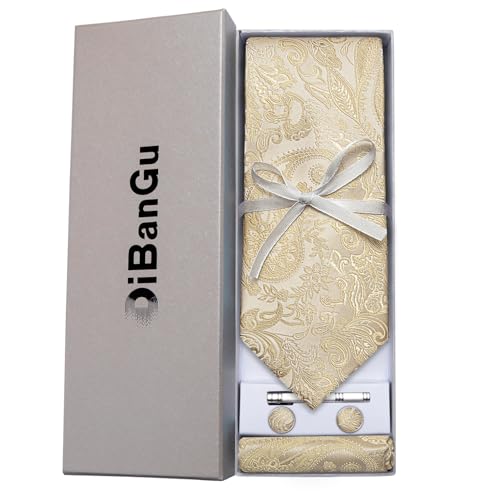 Image of DiBanGu Paisley Ties for Men Silk Necktie and Pocket Square Cufflinks Tie Clip Set Woven Classic Mens Tie for Wedding Party
