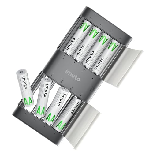 imuto Rechargeable aa Batteries with Charger, 2000mWh aa Lithium Batteries 8 Pack, 8 Slot Slim...