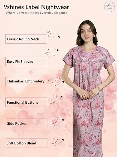 Image of 9shines Label Stylish Chikankari Cotton Nighty Maxi for Women | Full Length Nightgown | Nightdress with Pocket | Embroidery Nighty | Soft Comfortable Cotton Nightwear (1545)