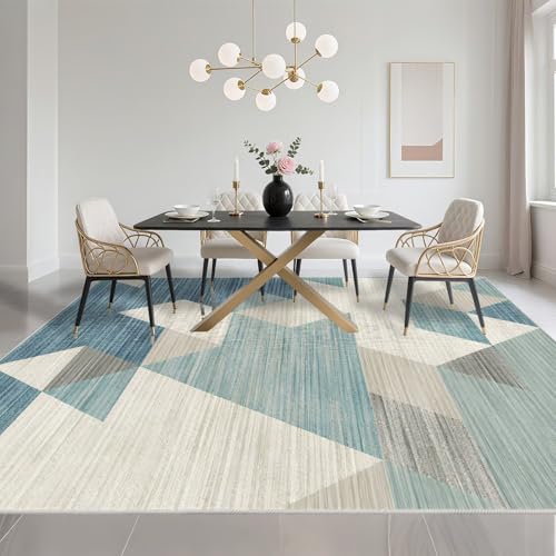 Tapis salle à manger 120x140cm bleu géométrique moderne et lavable - 6