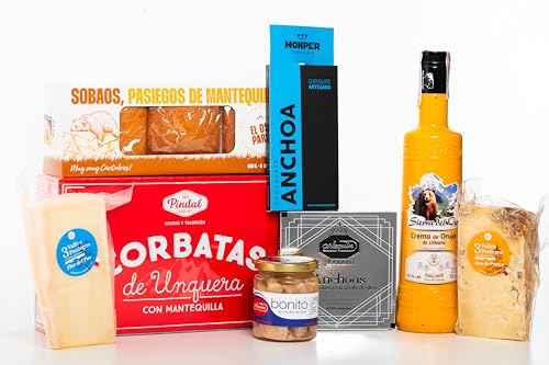 EOP Cesta de Productos Gourmet de Cantabria - Anchoas del Cantábrico, Sobao Pasiego, Corbatas Tradicionales, Queso Flor del Pas y Oro de Prases, Bonito en Aceite, Chocolate de Anchoas y Crema de Orujo
