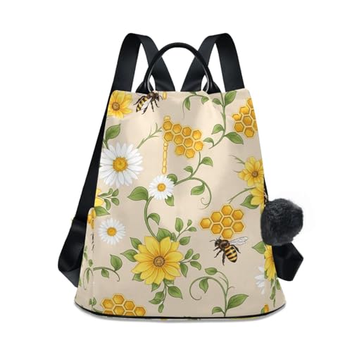Sac à dos antivol pour femme à motif fleurs jaunes avec pompon amovible