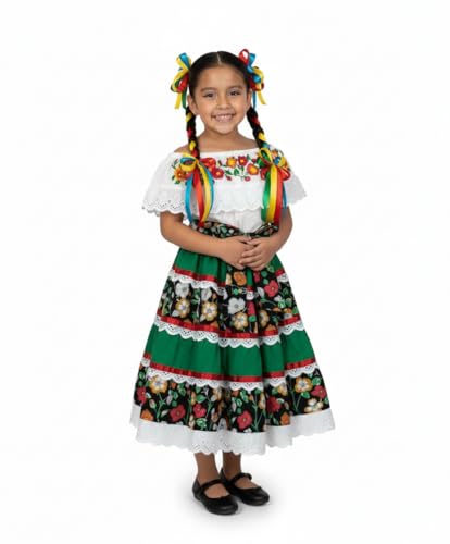 Girls’ Mexican Traditional Floral Dress with Lace and Embroidery for Cinco De Mayo and Fiestas