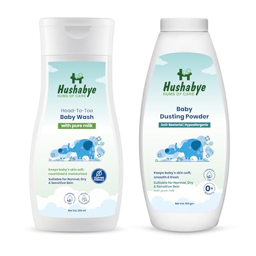 Image of Hushabye Head to Toe Baby Wash (200ml) & Baby Dusting Powder (100g) with Milk Protein | Tear-Free Formula, pH Balanced for All Skin Types | Newborn Care Gift Set, Combo Pack of 2