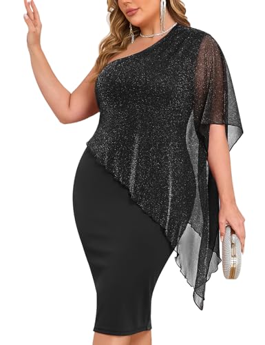 ZOMVA Plus Size One Shoulder Cape Dress Sparkly Overlay Bodycon Midi Wedding Guest Formal Cocktail Mother of Bride Outfit Asymmetric, Black, 4X