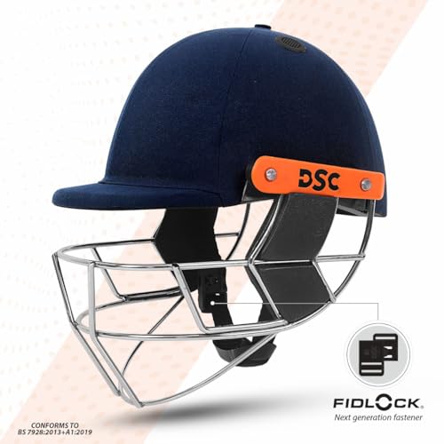 Image of DSC Empra Titanium BSI Approved Professional Cricket Helmet | BS7928 Certified Pro-Standard Hard Ball Helmet with Ultra-Light Titanium Grill & Advanced Shock Absorption | Color: Navy | Size: M