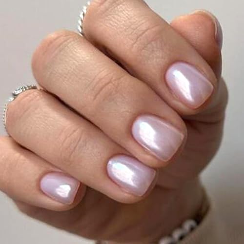 Viugex 24 Pièces Rose Pâle Faux Ongles, Court Carrés Élégant Press on Nails, Artificiels Couverture Complète Ongles à Coller, Brillant Réutilisable Capsules Ongles pour Femmes Nail Art Décoration