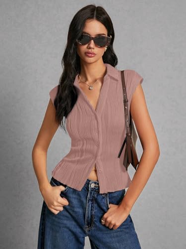 Image of GRECIILOOKS Korean Tees for Women | Tops for Woman | Collared Casual Summer Tops for Women Western | Knitted Top Button-Up Short Sleeve Crop Top |Summer Stylish Texture Korean Knit Tee