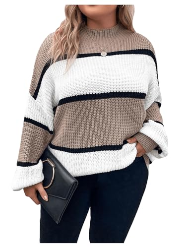 SOLY HUX Women's Plus Size Sweater Color Block Mock Neck Drop Shoulder Long Sleeve Knit Pullover Tops