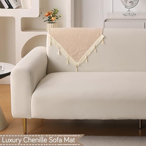 Image of HOKIPO 'Serenity Tassel' Chenille Sofa Back Cover with Tassels - 1 Pc Ivory Fringe (IN-894-BGE)