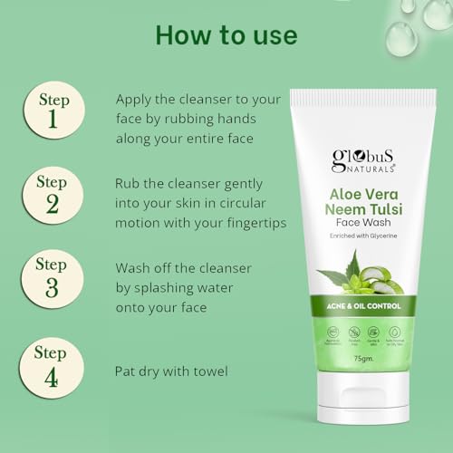 Image of Globus Naturals Aloe vera Neem Tulsi Enriched With Glycerin & Oil Control Formula Men & Women All Skin Types Face Wash 75gm (Pack of 3)