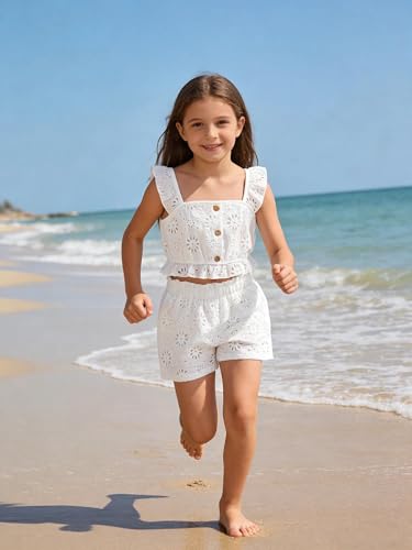 Image of Girl's Summer Clothing Sets Knit Ruffle Striped T-Shirt and Shorts 2 Piece Outfits