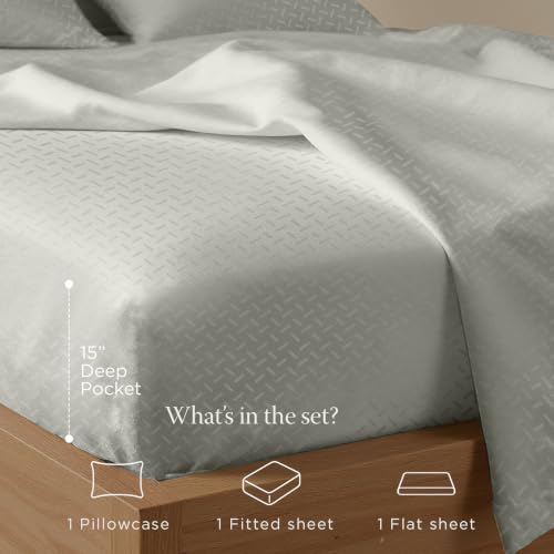 Image of Threadmill 300TC Cotton Twin XL Sheet Set, Sateen, Jacquard, Light Grey | 100% Cotton, Sateen Weave, Jacquard Pattern, 3-Piece Set, 16 inch Deep Pocket, Cooling, Breathable, OEKO-TEX Certified