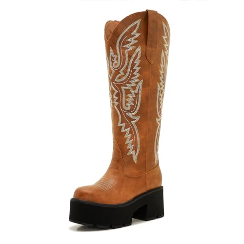 Image of Uillnoodu Wide Calf Cowboy Boots Women Adjustable Lace Up Knee High Tall Plus Size Cowgirl Boots Western Style Comfortable 2-Inch Heel