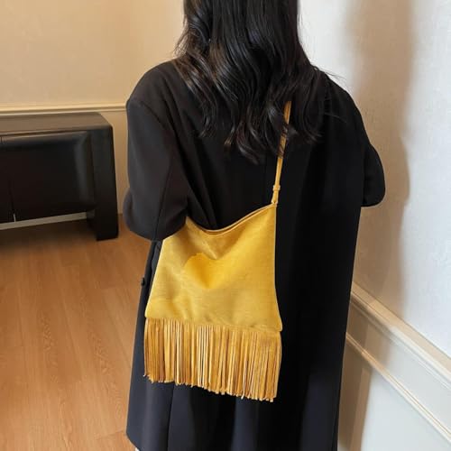 Tassels Suede Shoulder Bags for Women Retro Crossbody Bag Winter Slouchy Bucket Purses Handbag Fall4