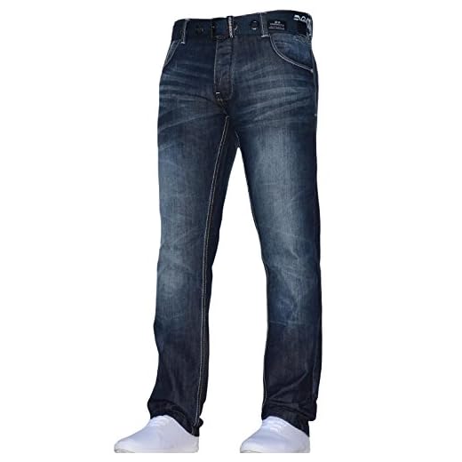 Herr Crosshatch klassiska raka ben normal passform snygga denim jeans alla midjestorlekar bälte, Mörk lavering, 38W x 30L