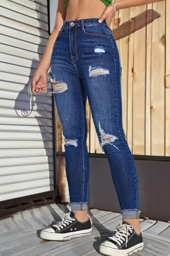 Women's High Rise Ripped Skinny Jeans Zipper Stretch Distressed Denim Pants4
