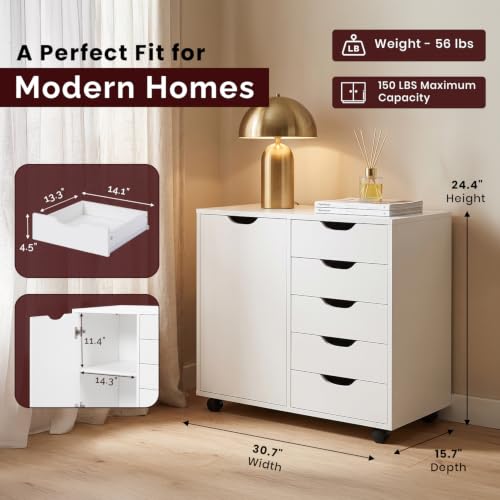 Image of Naomi Home Amy 5-Drawer Rolling Drawer Dresser with Cabinet - White | Five easy-access drawers, two shelves, smooth-rolling casters and a wide top in a space-saving storage cabinet.