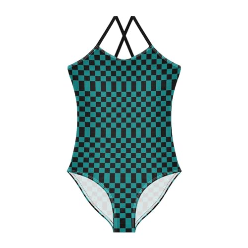 Checkerboard Girls One Piece Swimsuits Black Teal Sport Halter Swimwear Beach Bathing Suit 4T