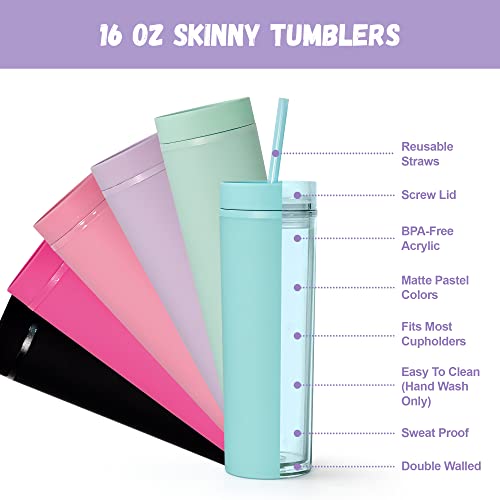 Agh 6 Pack Skinny Tumblers Bulk 16 Oz Matte Pastel Colored Acrylic Tumblers With Lids And Straws Reusable Double Wall Plastic Tumblers Drinks Tumbler Coffee Cups For Cold Hot Drinks, Vinyl Projects #TOP2