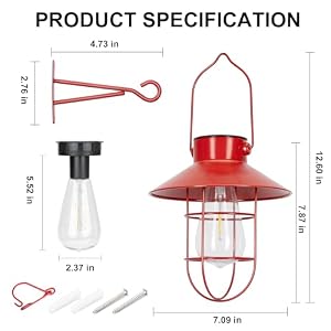 pearlstar Solar Lanterns Outdoor Christmas Metal Solar Powered Hanging Lights Waterproof for Wall Barn Yard Garden Patio Garage Balcony Porch Fence Decor, Warm White Edison Bulb (Red-2pack) pearlstar Solar Lanterns Outdoor Christmas Metal Solar Powered Hanging Lights Waterproof for Wall Barn Yard Garden Patio Garage Balcony Porch Fence Decor Warm White Edison Bulb Red 2pack