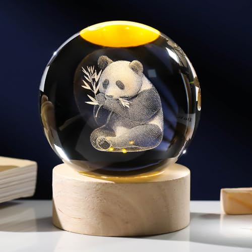 Arikyrist 3D Crystal Ball Lamp with Wooden Base, Crystal Panda Figurines Gifts for Girls and Boys, Laser Engraved Panda Glass Ball Night Light and Keepsake Paperweight
