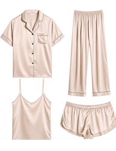 Image of SWOMOG Womens Silk Satin Pajamas Sets 4pcs Sleepwear Sexy Cami Shorts Set and Button Down Short Sleeve Pjs Loungewear