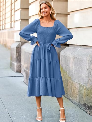Image of Simplee Womens Long Sleeve Maxi Dress Casual Square Neck Smocked Flowy Fall Wedding Guest Dresses