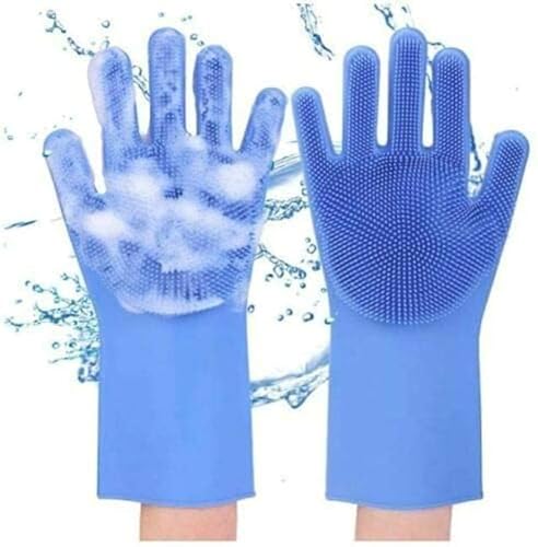 Image of Silicone Dishwashing Gloves with Built-In Scrubber | Reusable Cleaning Gloves for Kitchen & Household Use | Heat Resistant Hand Gloves for Washing Dishes & Plate Cleaning (Multicolour Pair 1)
