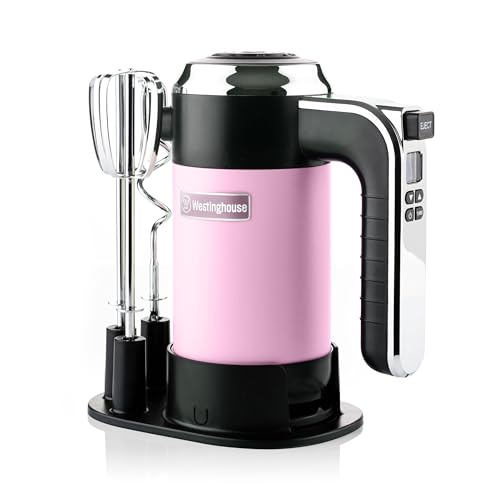 Batidora de mano retro Westinghouse - 6 velocidades + función turbo - Varillas y ganchos para amasar - Con soporte de almacenamiento - 350 W - Rosa