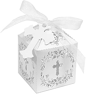 Baptism Favor Boxes,QMET 50Pcs Cross Favor Boxes 2 x 2 x 3 Inches Laser Cut Hollow Cross with 50 Ribbons and 50 Cross Tags, Great for Christian Baby Shower Wedding Party Decorations - White