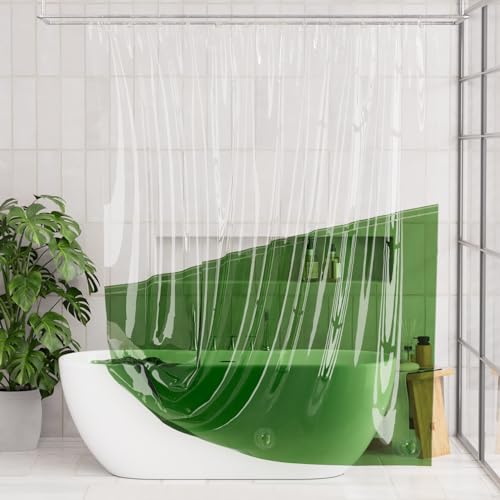 Image of AmazerBath Color Block Shower Curtain Liner, 100% EVA Soft Shower Liner - 72 x 72 Inches Heavy Duty Shower Curtain and Liner 2-in-1 with 3 Clear Stones and 12 Brass Grommets - Clear & Pine Green